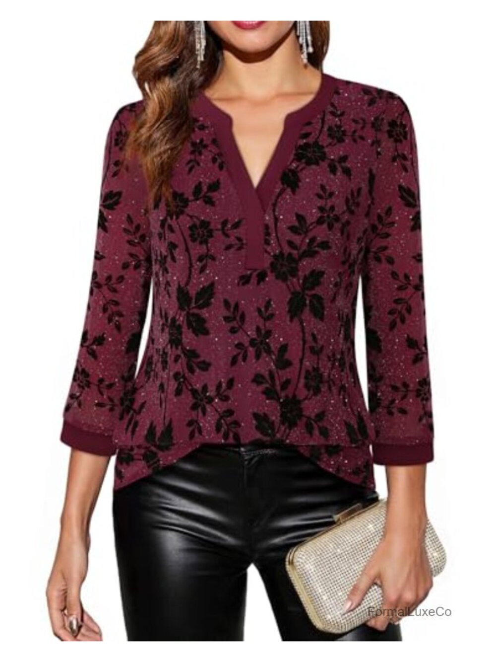 Women's 3/4 Sleeve V-Neck Tunic Blouse - Double Layer Mesh Shimmer Top